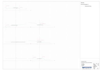 Tegning som viser markhøyder og nivåer langs en bygning, sannsynligvis en snitt- eller profiltegning for å vise terrengforhold.