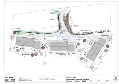 Situasjonsplan som viser tomtens grenser, naboeiendommer, bygningers plassering, areal og tilknyttede vegger.