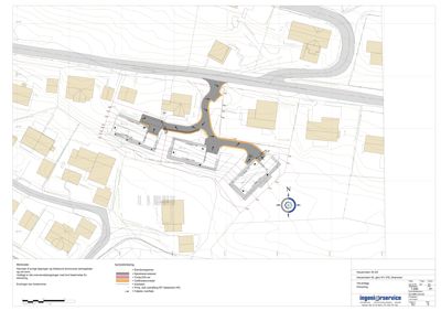 Situasjonsplan som viser bygningenes plassering i forhold til terrenget, veier og nabolag.