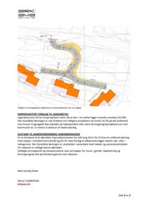 Situasjonsplan som viser en foreslått vei (adkomstvei) i forhold til eiendomsgrenser og naboeiendommer.