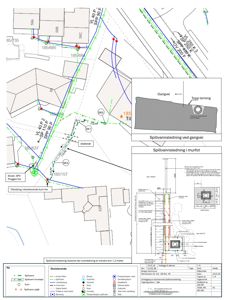 Tegning som viser detaljerte løsninger for spillvannsledning i murfot og ved gangvei, inkludert dimensjoner og konstruksjonsdetaljer.