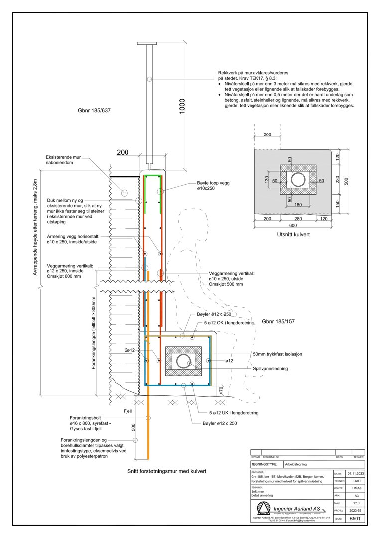 Detaljtegning som viser snitt gjennom en forankringsmur med kulvert, inkludert armering, isolasjon og konstruksjonsdetaljer.
