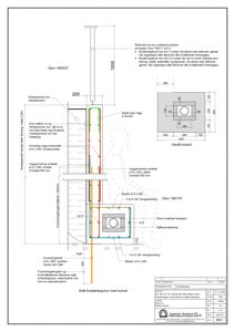 Detaljtegning som viser snitt gjennom en forankringsmur med kulvert, inkludert armering, isolasjon og konstruksjonsdetaljer.