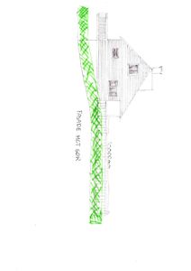 En håndtegnet fasadetegning av en hytte sett fra sør, med markeringer for terreng og mål.