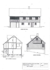 Bildet viser en tegning med fasadeopprikk (mot vest og nord) og et snitt gjennom tilbygget.