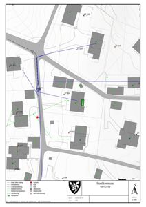 Kart over et område i Stord kommune som viser eiendomsgrenser, infrastruktur (veier, vann, avløp) og eiendomsnummer.