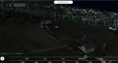 3D-visualisering (rendering) av et boligområde med hus, trær og veier sett fra luften. Bildet inneholder også en tidsakse nederst og en dato øverst, som indikerer at det er en animasjon eller en screenshot fra et 3D-modellprogram.