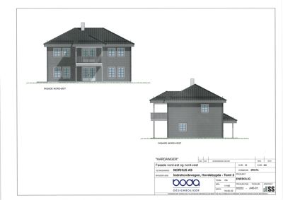 Fasadetegning som viser bygningens utseende fra nord-øst og nord-vest.