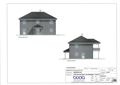Fasadetegning som viser bygningens utseende fra sør-vest og sør-øst.