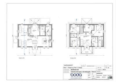 Plantegning som viser romfordeling for første etasje (PLAN 1.ETG) og andre etasje (PLAN 2.ETG) av en bolig.