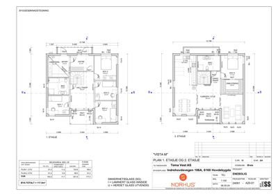 Byggesknaadstegning som viser romfordeling og dimensjoner for 1. og 2. etasje.