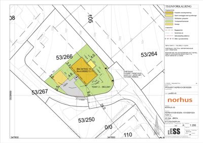 Situasjonsplan som viser tomtens plassering i forhold til nabolag, byggegrenser og arealoppdelinger.