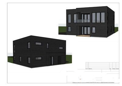 3D-visualisering (rendering) av en planlagt bolig fra to ulike vinkler.