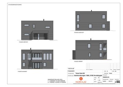 Fasadetegning som viser utsiden av en bygning fra fire ulike vinkler (Nordvest, Sørvest, Nordøst og Sørøst).