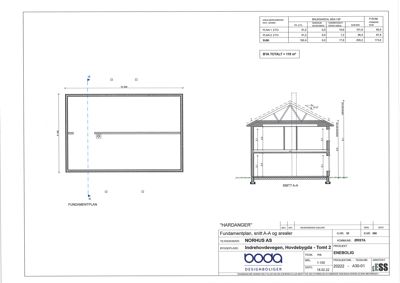Fundamentplan, snitt A-A og arealer for en bygning.