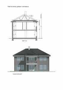 Bildet viser en tegning med et snitt (SNITT A-A) og en fasade (FASADE NORD-ØST) av en toetasjes bygning.