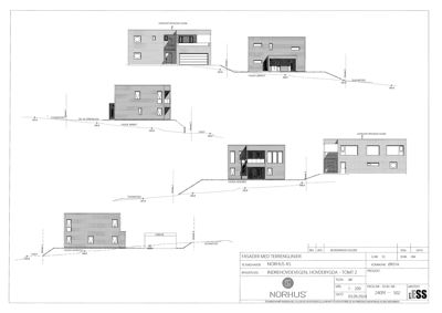 Fasadetegning med oppriss av bygning sett utenfra, inkludert terrenglinjer og høydemål.