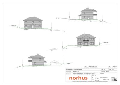 Fasadetegning som viser bygningens utseende fra tre ulike vinkler (front, side og bak) med terrengforhold og høydemål.
