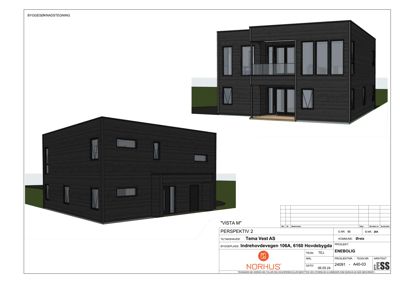 3D-visualisering (rendering) av en planlagt bolig fra to ulike vinkler.