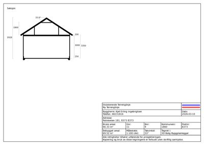 Snittegning (seksjon) som viser bygningens høyde, takhøyde og grunnflate sett fra siden.