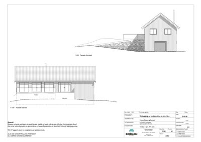Fasadetegning som viser bygningens utseende sett fra nord og sør.