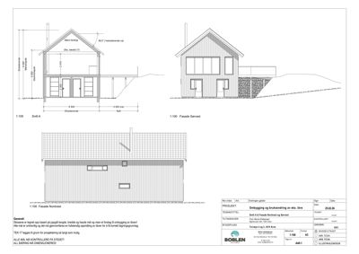 Bildet viser fasadetegninger (Nordvest og Sørvest) og et snitt (Snitt A) av en bygning.