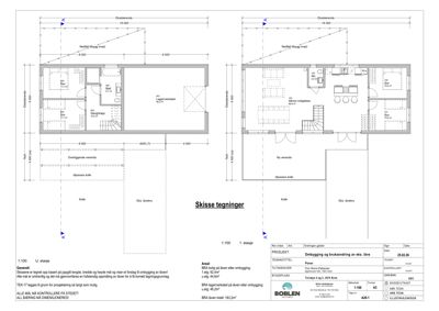 Etasjeplaner (skisse tegninger) som viser romfordeling og mål for 1. etasje.