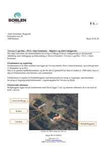 Flyfoto av eiendommen med markerte områder for lavene og boligbebyggelsen.