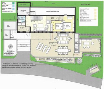 Etasjeplan for U-etasje som viser romfordeling, arealer og utvendig terrasse.