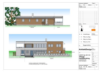 Fasadeopprikk (rendering) som viser bygningens utseende fra to vinkler (S-V og S-NØ) med tilhørende tegningsinformasjon.