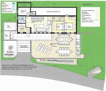 Etasjeplan (U-etasje) som viser romfordeling, arealer (BRA, BYA) og plassering av møbler.