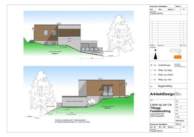 Fasadetegning som viser bygningens utseende fra nordvest (NV) og sød (S) med detaljer om terrassering og materialer.