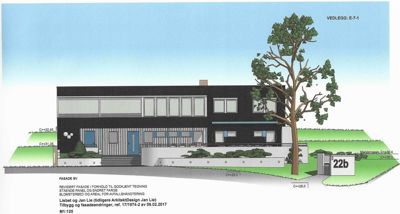 Fasadetegning (opprikk) av en bolig sett fra sørvest (SV). Tegningen viser fasadens utforming, vinduer, inngang, terrengforhold og planter.