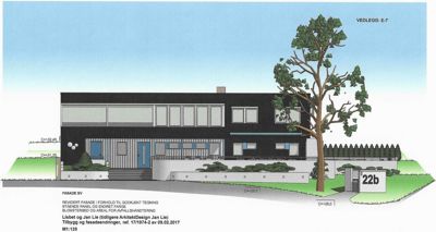 Fasadetegning som viser bygningens utseende fra fronten, inkludert vinduer, inngang, trapp og omgivelser.