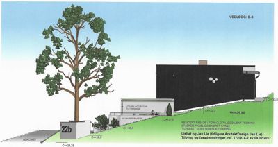 Fasadetegning (opprikk) som viser bygningens utseende fra en bestemt vinkel, inkludert terrengforhold, trær og detaljer som vinduer og tak.