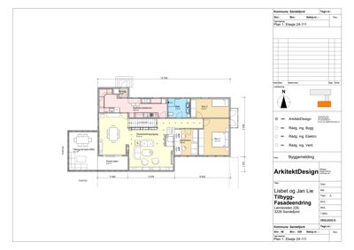Etasjeplan (1. etasje) som viser romfordeling, dimensjoner og funksjoner for en tilbygg-fasadeendring.