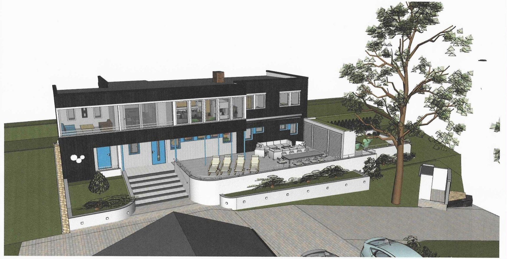 3D-visualisering av en moderne toetasjes bolig med omgivelser, inkludert trapp, terrasse og hage.