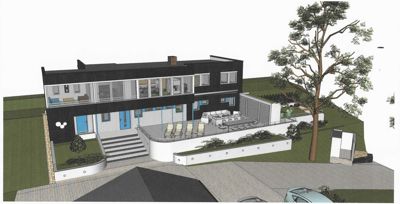 3D-visualisering av en moderne toetasjes bolig med omgivelser, inkludert trapp, terrasse og hage.