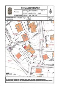 Situasjonskart som viser eiendomsgranser, naboeiendommer og bygningsplassering for Lønneveien 22B i Sandefjord kommune.