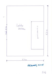 Håndtegnet etasjeplan for loftstue med angitte mål og romoppdeling.
