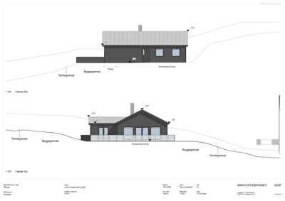 Fasadetegning som viser bygningens utseende fra øst og sør, inkludert høyder, takform og plassering i terrenget.