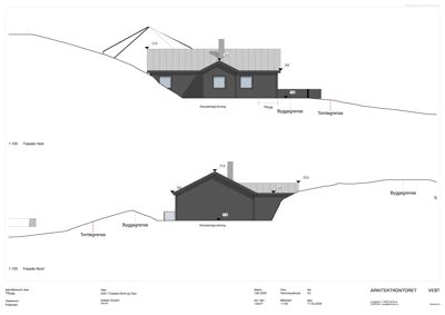 Fasadetegning som viser bygningens utseende fra vest og nord, inkludert høyder, takform og terrengforhold.