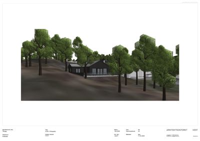 3D-visualisering (rendering) av en husmodell i et naturomgivelser med trær og terreng.