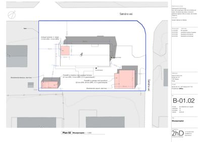 Situasjonsplan som viser bygningens plassering i forhold til nabolaget, veier og eksisterende bebyggelse.