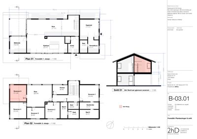 Bildet viser etasjeplaner (Plan 01 og Plan 02) samt en snittegning for en bolig.