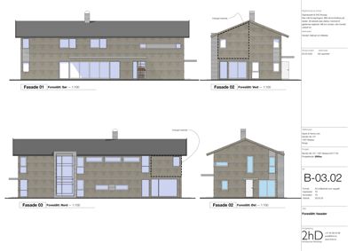 Bildet viser fire fasadetegninger av en bygning sett fra fire ulike sider (Sør, Vest, Nord, Øst).