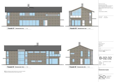 Bildet viser en tegning med fire utsnitt av bygningens fasader (Sør, Vest, Nord, Øst) med målestokk 1:100.