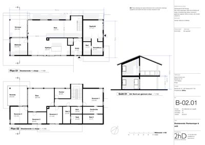 Bildet viser etasjeplaner (Plan 01 og Plan 02) og et snitt (Snitt 01) for en eksisterende bolig. Det er en kombinasjon av romfordeling og tverrsnitt.
