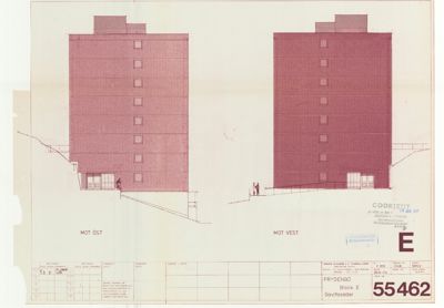 Fasadetegning som viser bygningens utseende sett fra øst og vest.