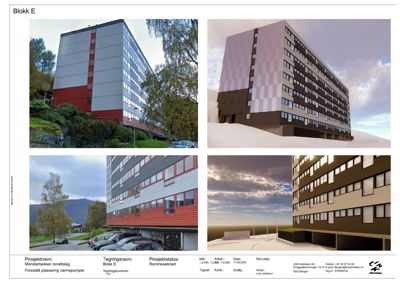 Et sammensatt bilde som viser en eksisterende bygning (venstre side) og en 3D-visualisering av samme bygning (høyre side).